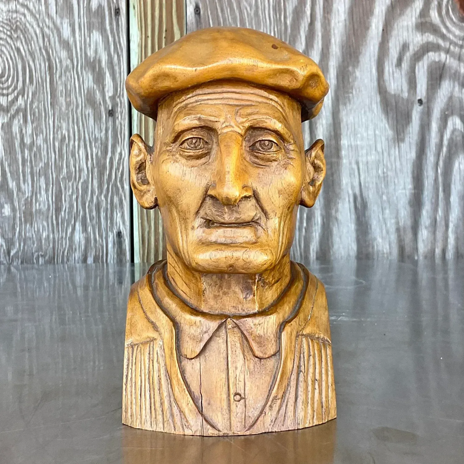 Vintage Boho Hand Carved Bust of Man — additional photo 4