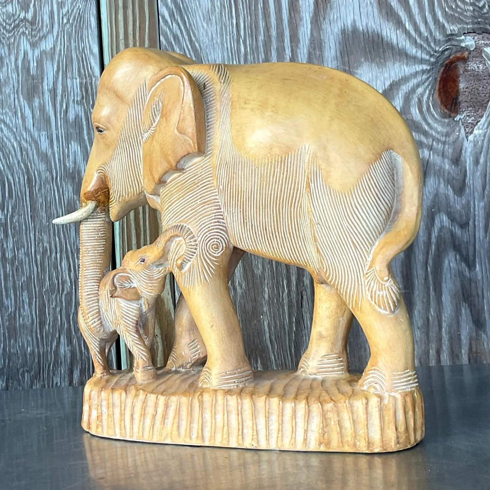 Vintage Boho Hand Carved Elephants Sculpture — additional photo 1