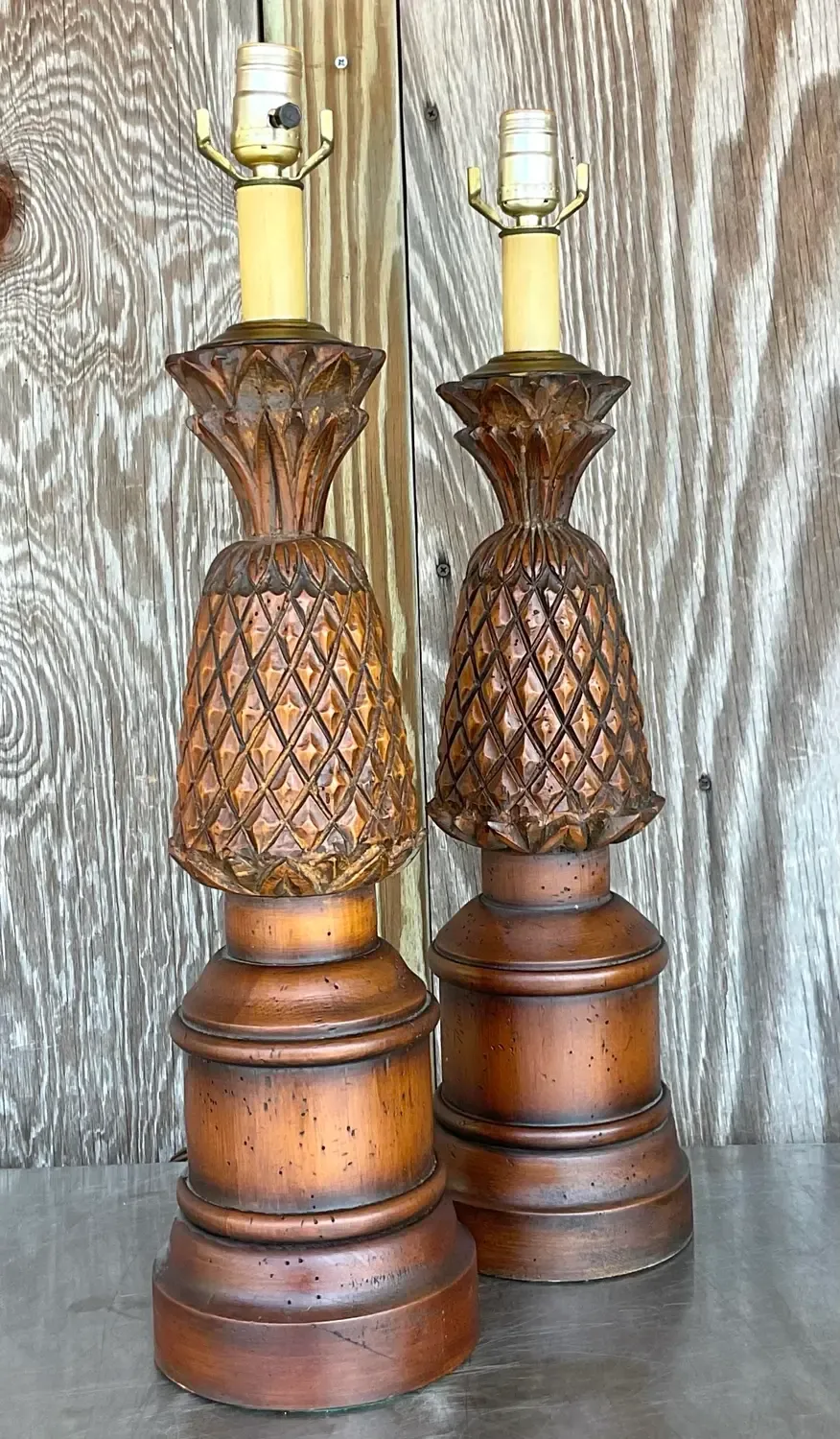 Vintage Boho Hand Carved Pineapple Lamps - a Pair — additional photo 3