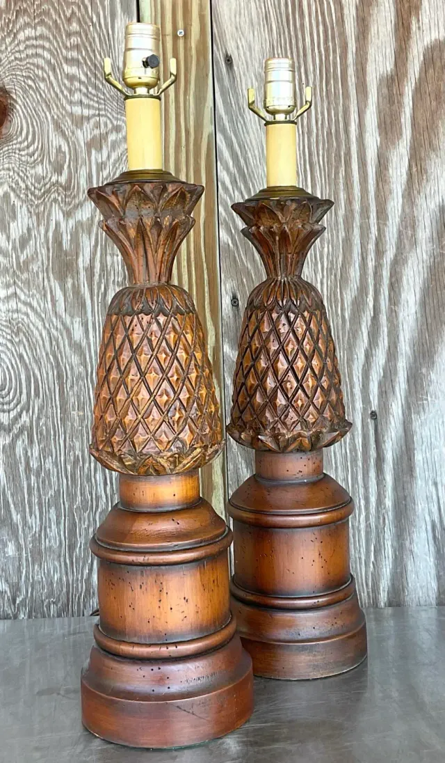 Vintage Boho Hand Carved Pineapple Lamps - a Pair — additional photo 3