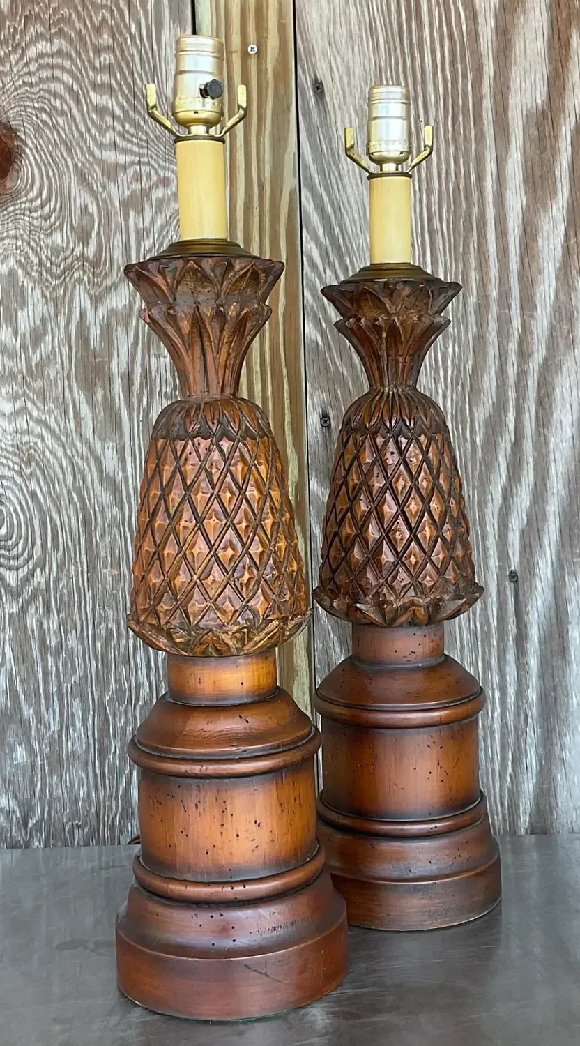 Vintage Boho Hand Carved Pineapple Lamps - a Pair — additional photo 4