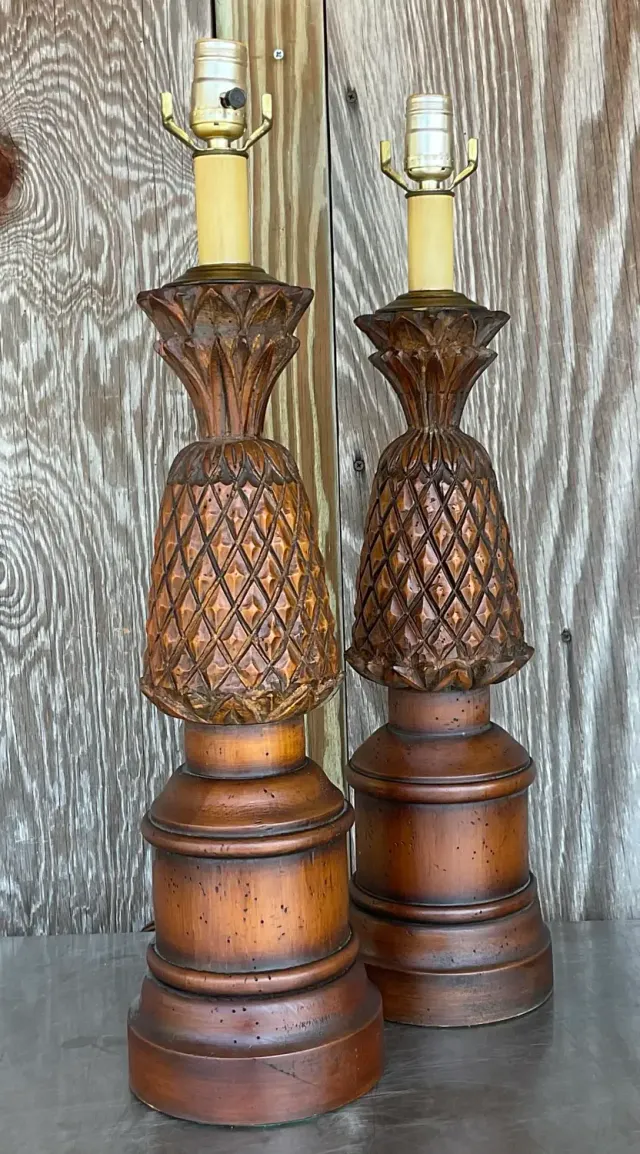 Vintage Boho Hand Carved Pineapple Lamps - a Pair — additional photo 4