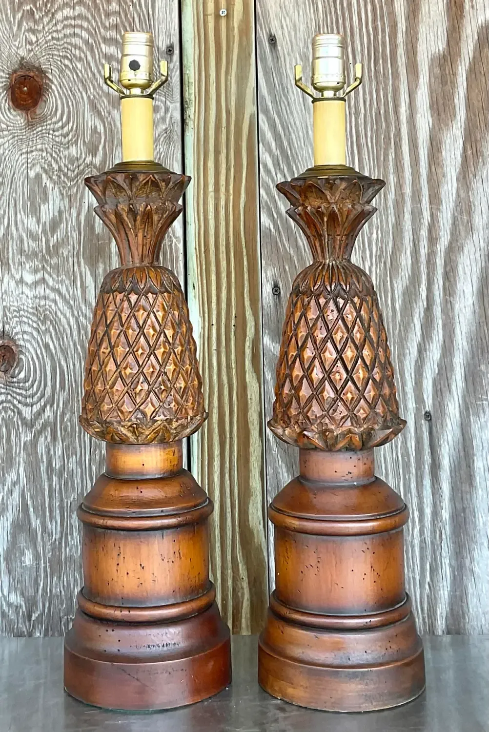 Vintage Boho Hand Carved Pineapple Lamps - a Pair — additional photo 7