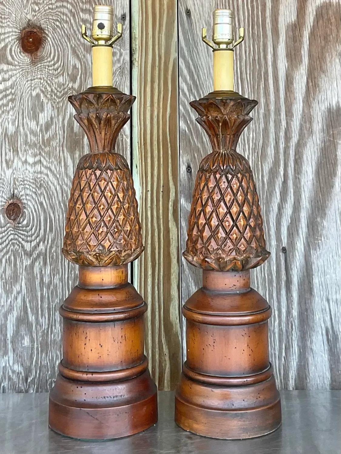 Vintage Boho Hand Carved Pineapple Lamps - a Pair — additional photo 8