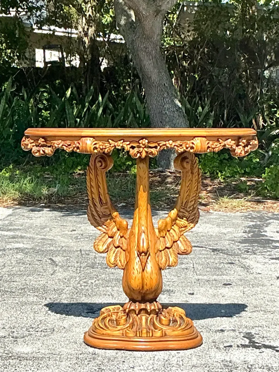Vintage Boho Hand Carved Swan Demilune Table — additional photo 1