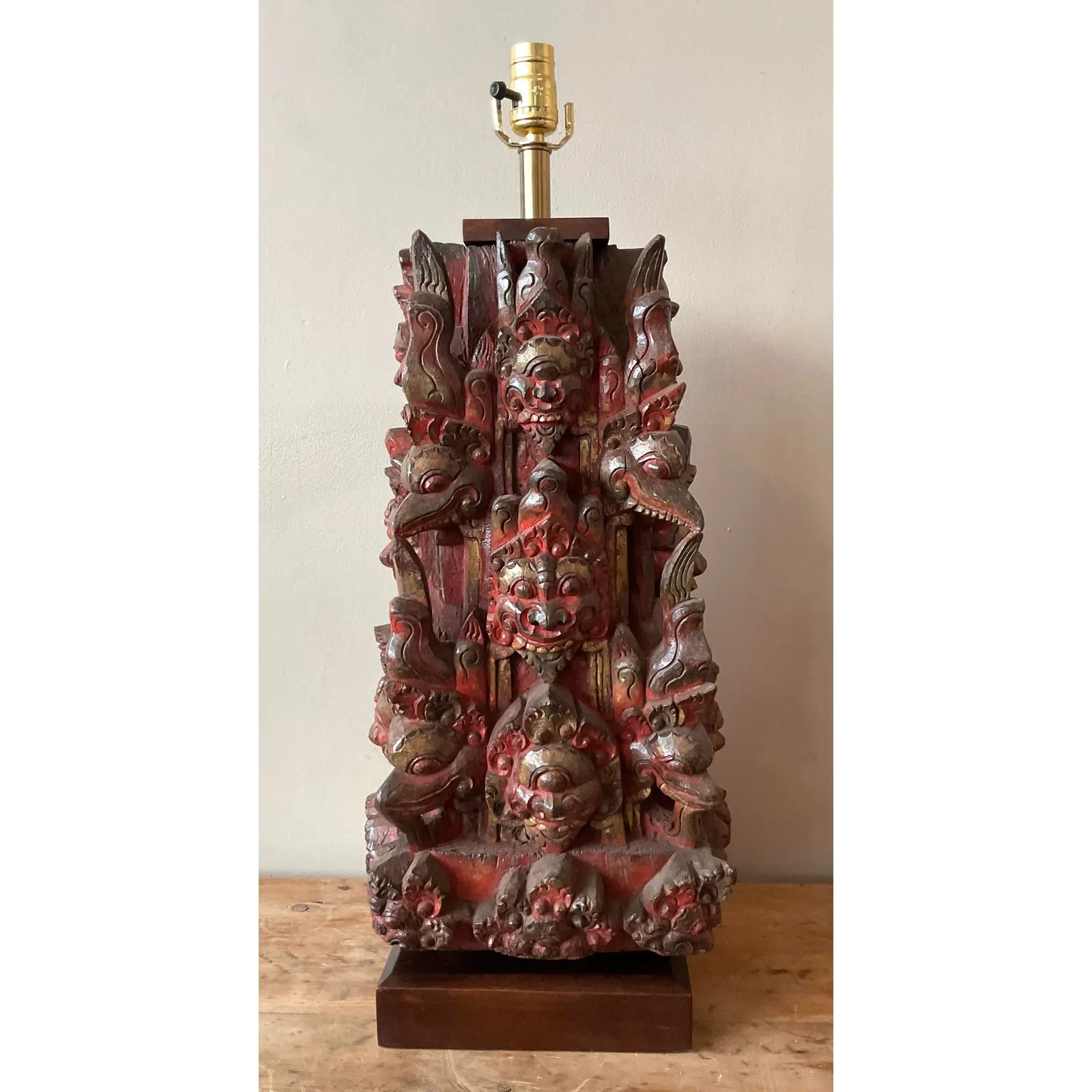 Vintage Boho Hand Carved Temple Mask Lamp — additional photo 3