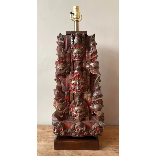 Vintage Boho Hand Carved Temple Mask Lamp — additional photo 3