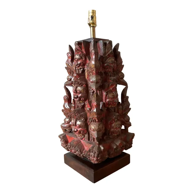 Vintage Boho Hand Carved Temple Mask Lamp — additional photo 4