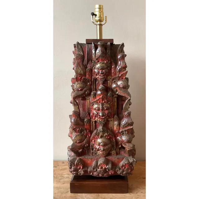 Vintage Boho Hand Carved Temple Mask Lamp — additional photo 5