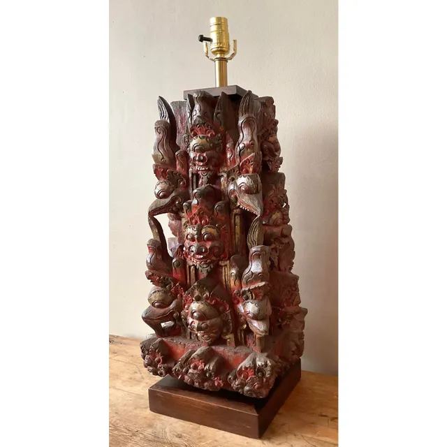 Vintage Boho Hand Carved Temple Mask Lamp — additional photo 6
