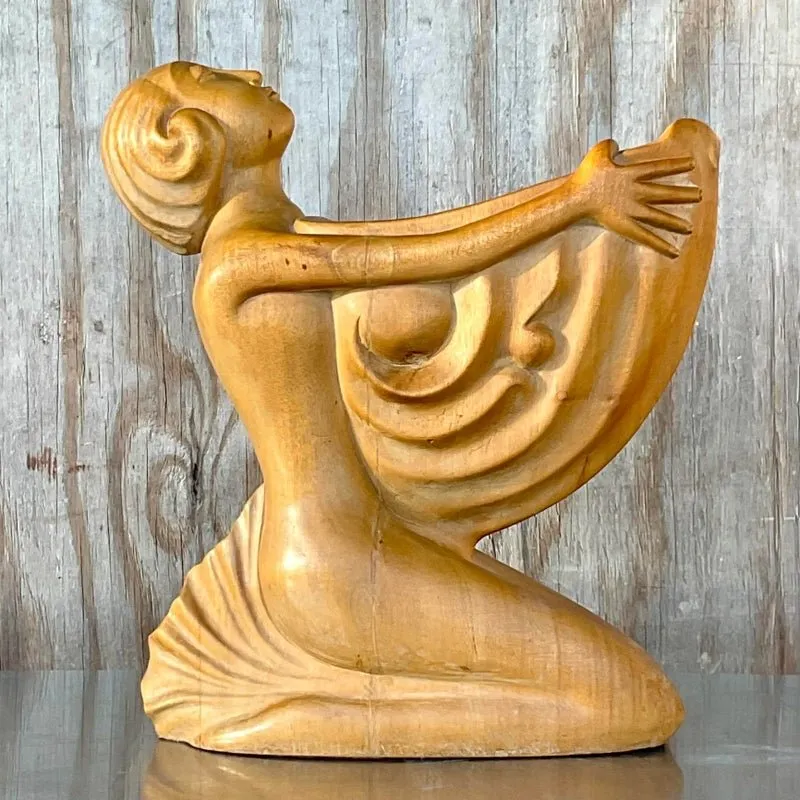 Vintage Boho Hand Carved Wooden Lady With Nautilus — additional photo 2