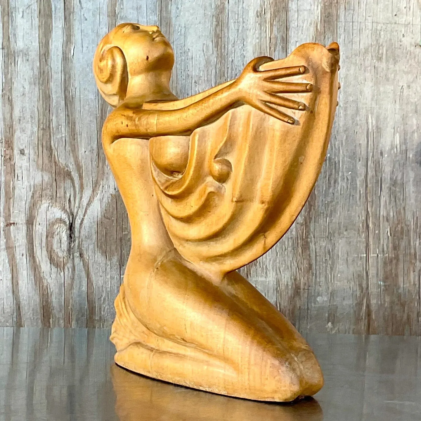 Vintage Boho Hand Carved Wooden Lady With Nautilus — additional photo 3