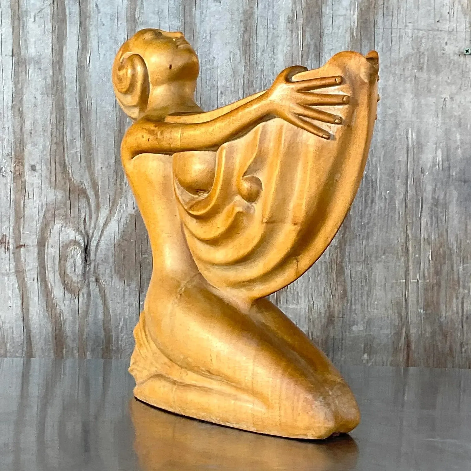 Vintage Boho Hand Carved Wooden Lady With Nautilus — additional photo 4