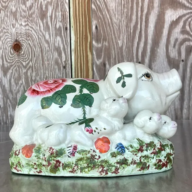 Vintage Boho Hand Painted Ceramic Pig Family — additional photo 2
