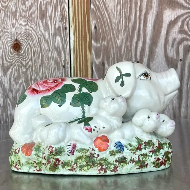 Vintage Boho Hand Painted Ceramic Pig Family — additional photo 3