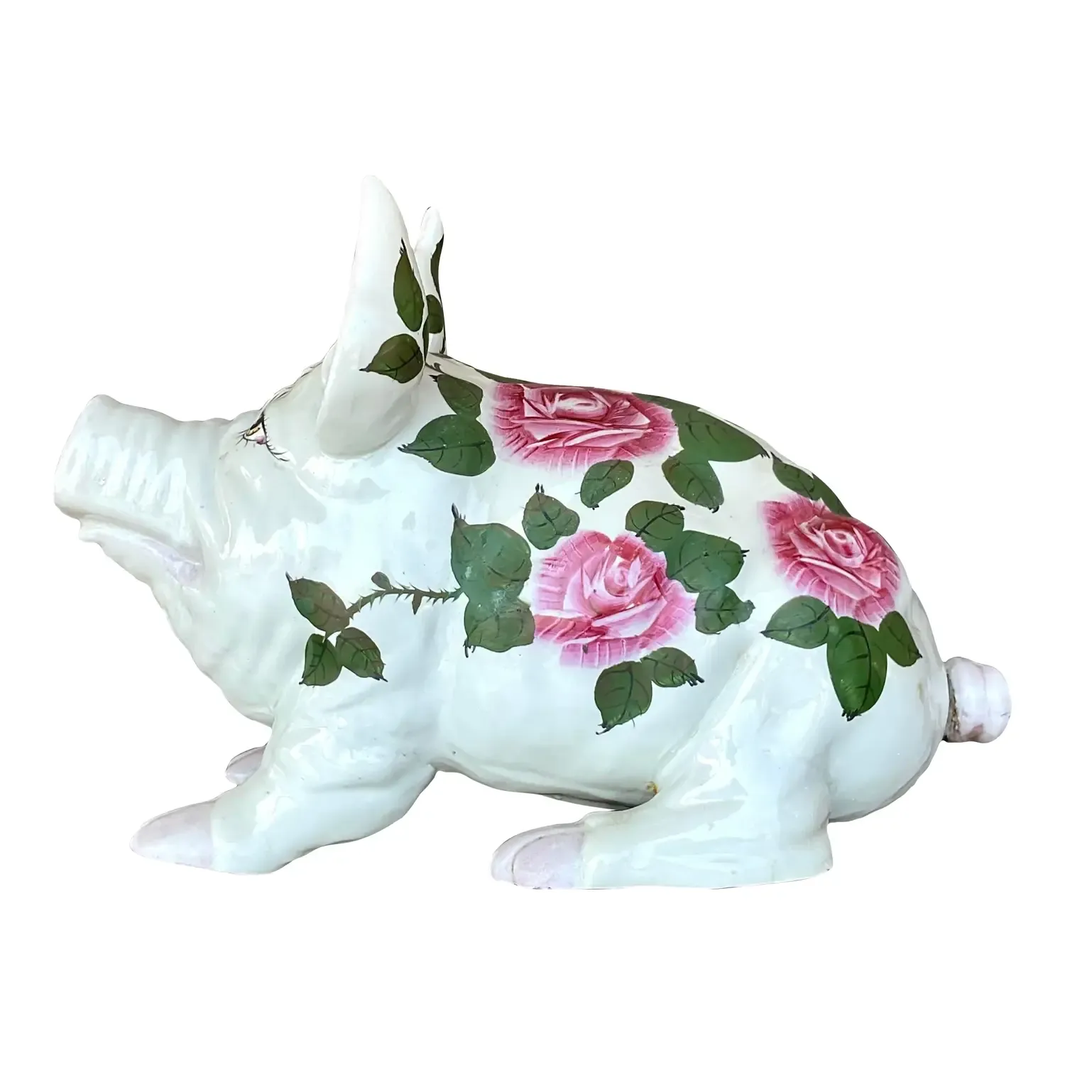 Vintage Boho Hand Painted Ceramic Pig With Roses — additional photo 1