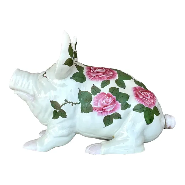 Vintage Boho Hand Painted Ceramic Pig With Roses — additional photo 1