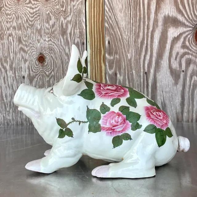 Vintage Boho Hand Painted Ceramic Pig With Roses — additional photo 2