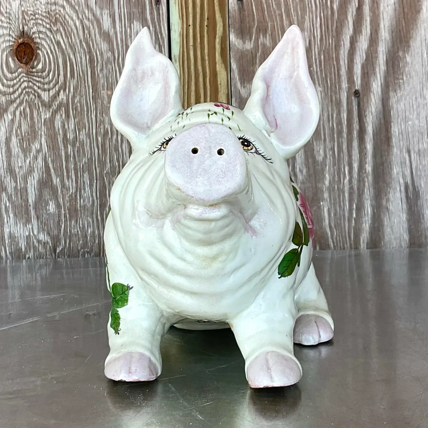 Vintage Boho Hand Painted Ceramic Pig With Roses — additional photo 3