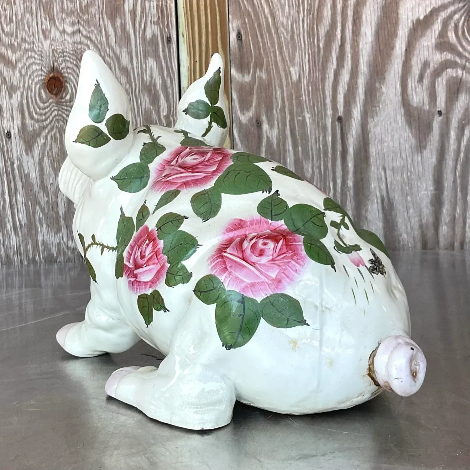 Vintage Boho Hand Painted Ceramic Pig With Roses — additional photo 4