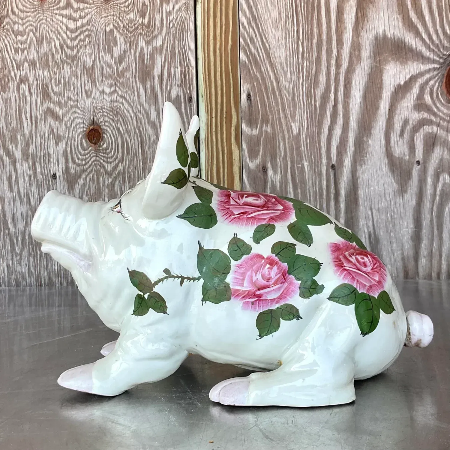 Vintage Boho Hand Painted Ceramic Pig With Roses — additional photo 5