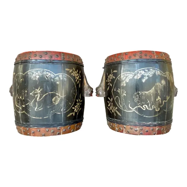 Vintage Boho Hand Painted Lidded Drums - a Pair — additional photo 1