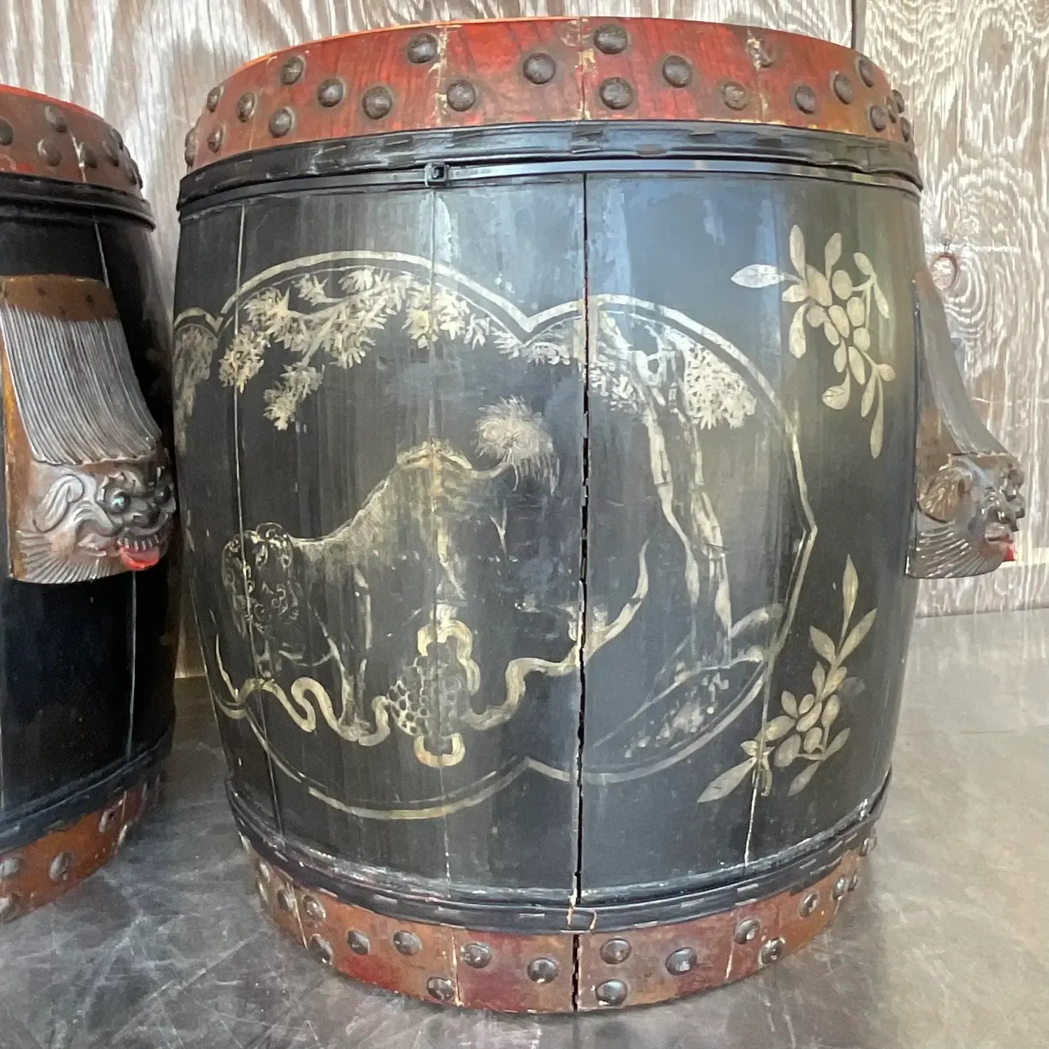 Vintage Boho Hand Painted Lidded Drums - a Pair — additional photo 2