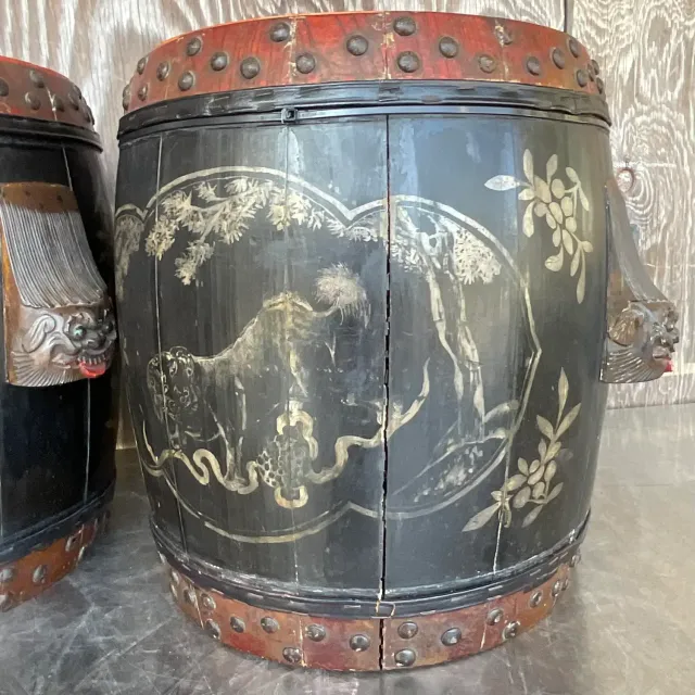Vintage Boho Hand Painted Lidded Drums - a Pair — additional photo 2