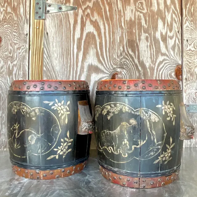 Vintage Boho Hand Painted Lidded Drums - a Pair — additional photo 3