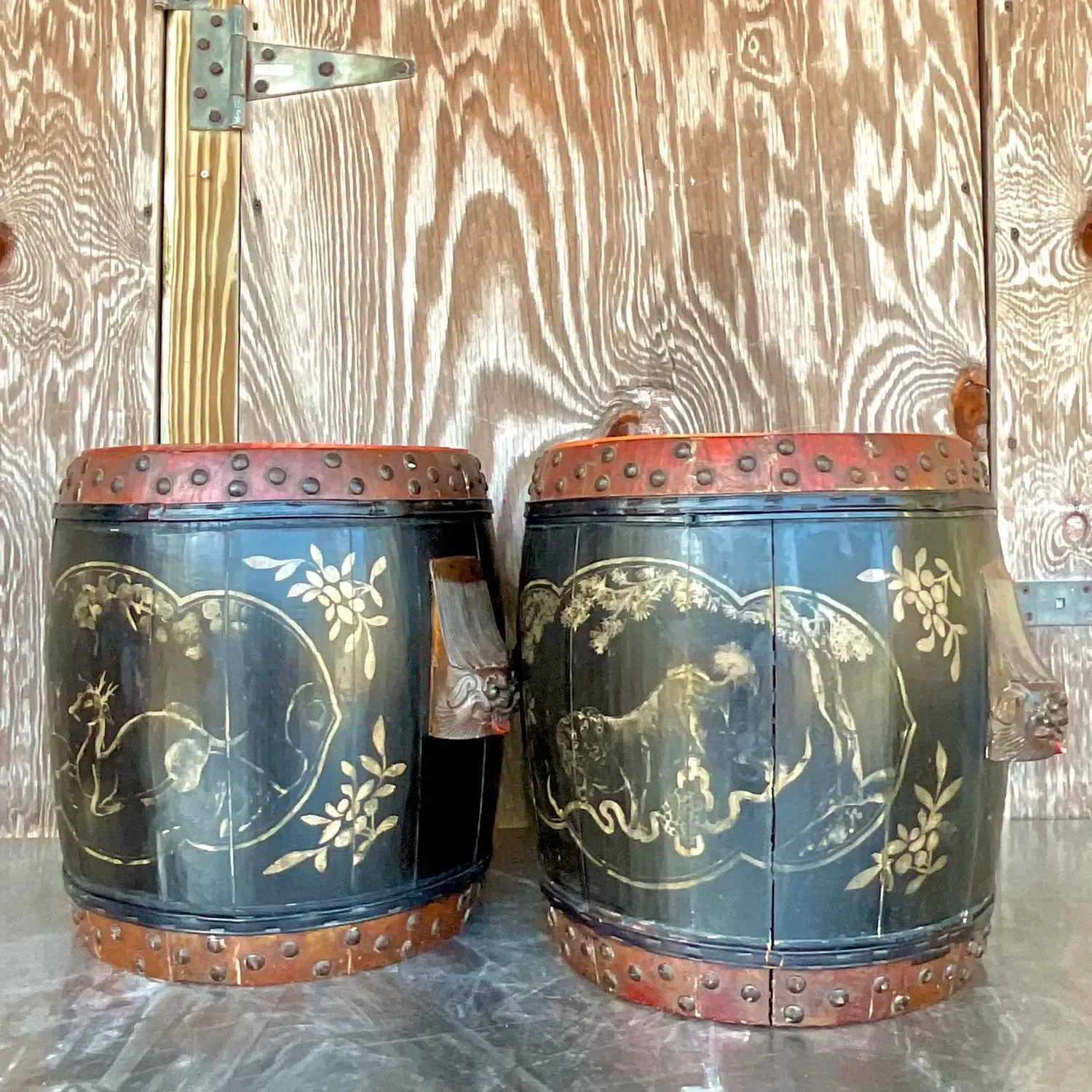 Vintage Boho Hand Painted Lidded Drums - a Pair — additional photo 4