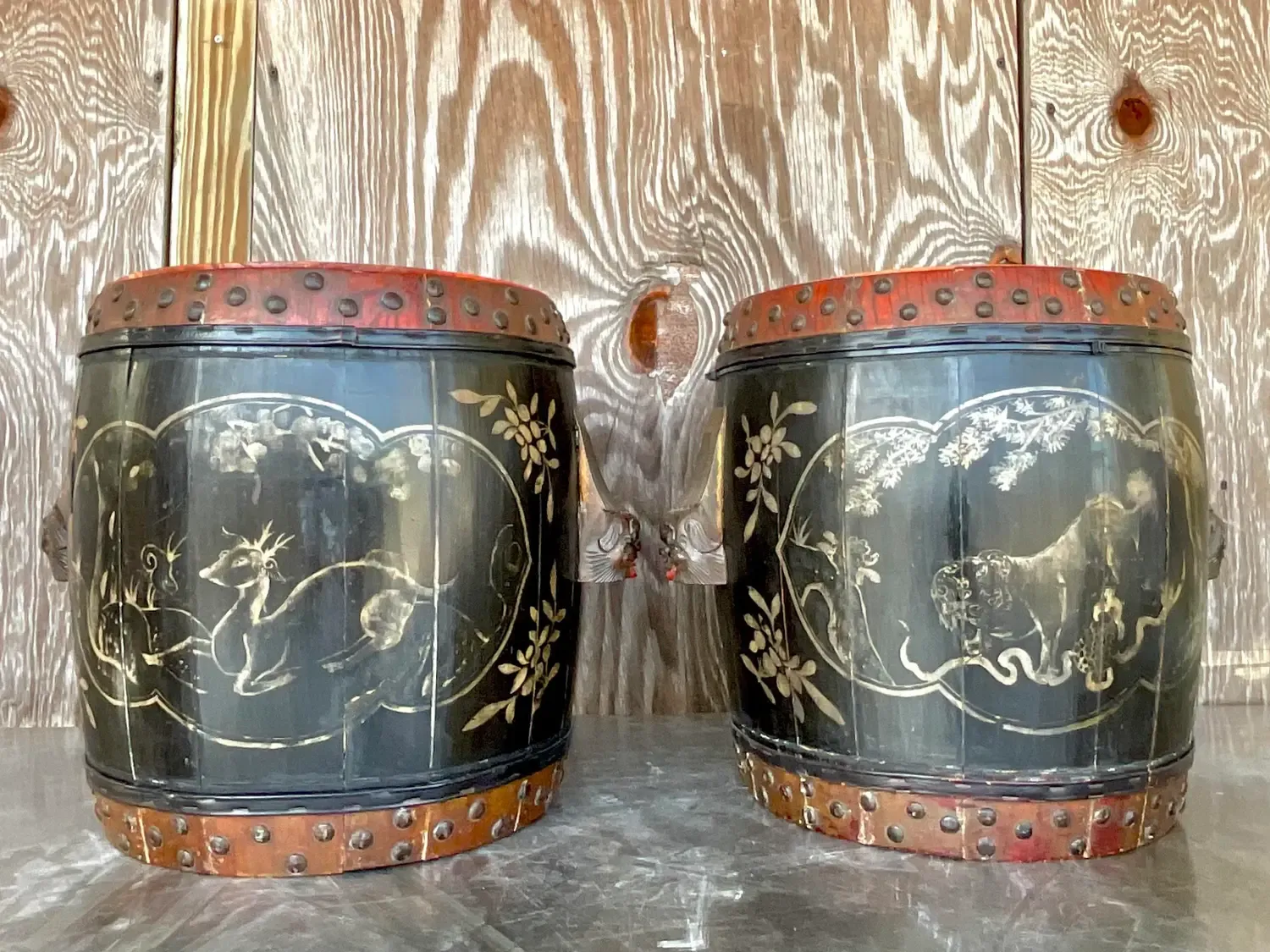 Vintage Boho Hand Painted Lidded Drums - a Pair — additional photo 5