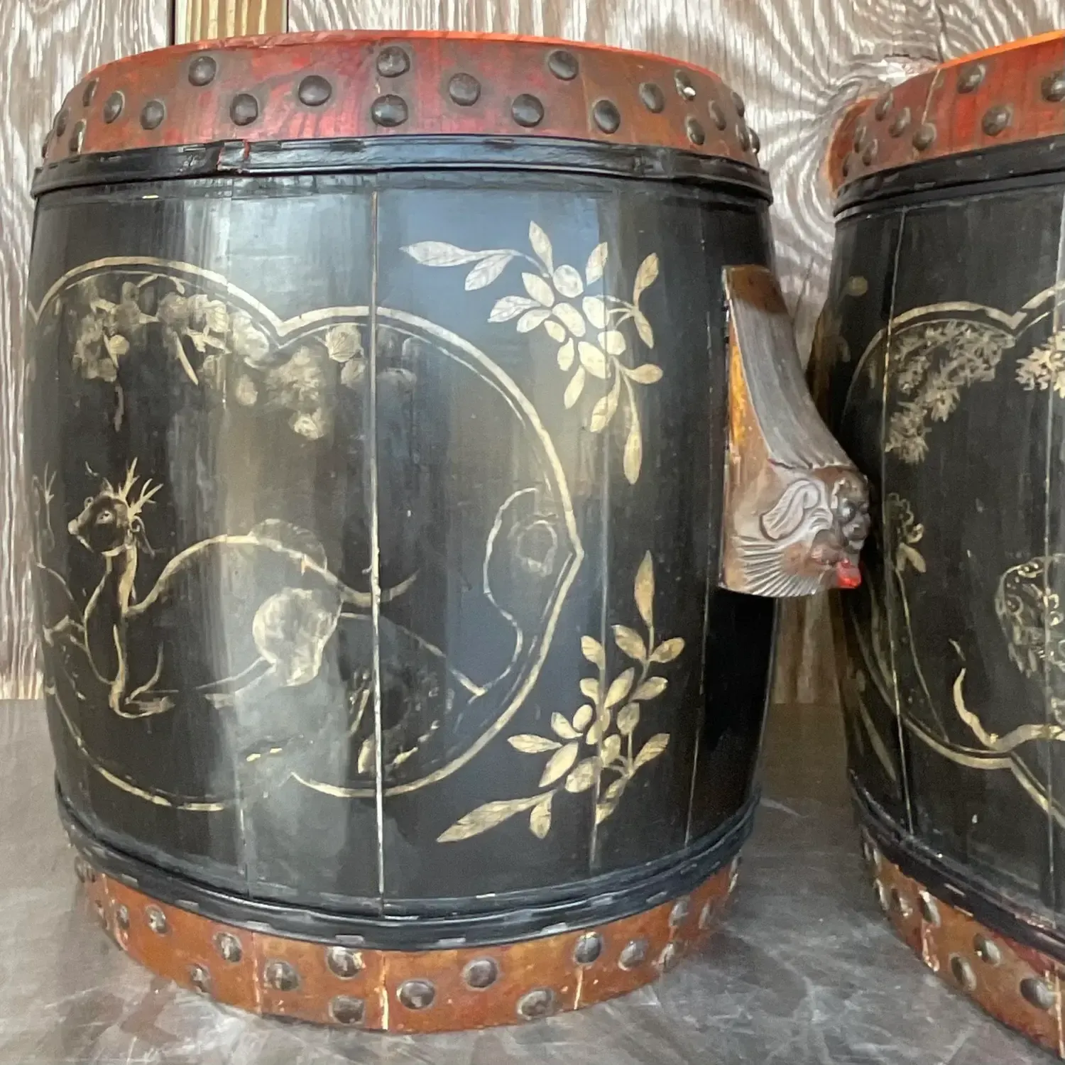 Vintage Boho Hand Painted Lidded Drums - a Pair — additional photo 6