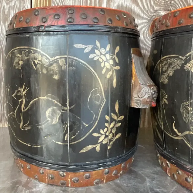 Vintage Boho Hand Painted Lidded Drums - a Pair — additional photo 6