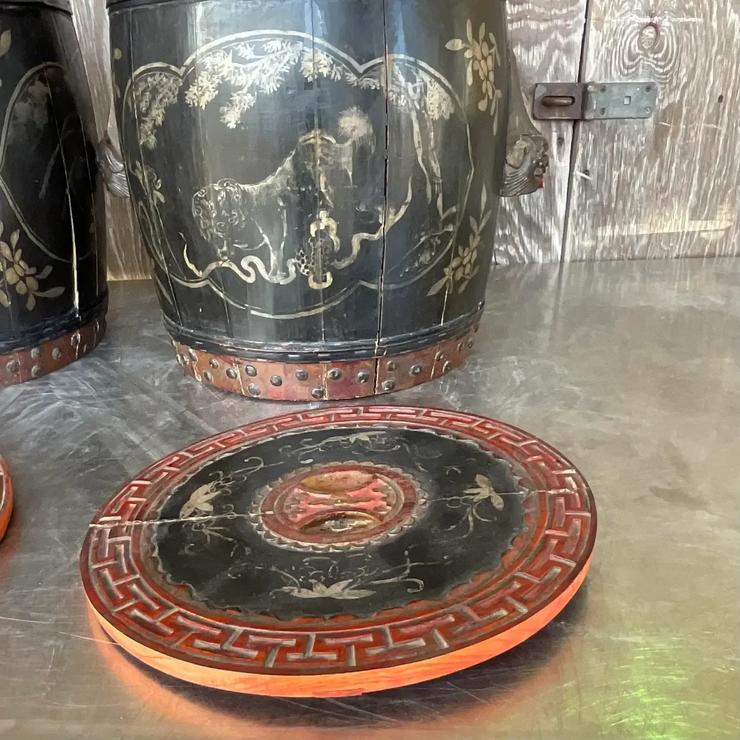 Vintage Boho Hand Painted Lidded Drums - a Pair — additional photo 8
