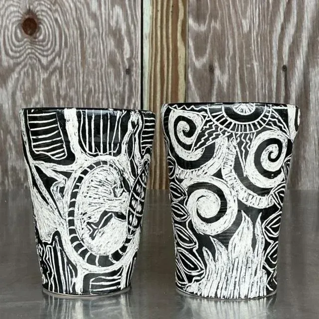 Vintage Boho Hand Painted Studio Pottery Figurative Vases - Set of 2 — additional photo 6