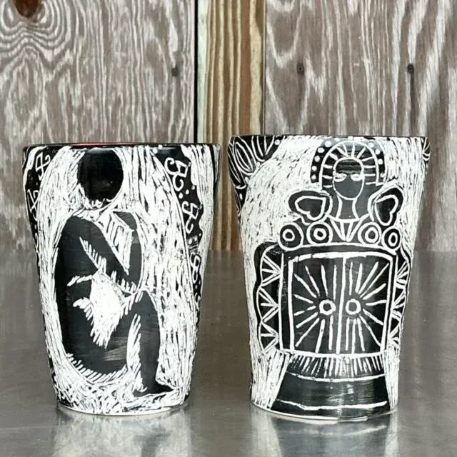 Vintage Boho Hand Painted Studio Pottery Figurative Vases - Set of 2 — additional photo 8