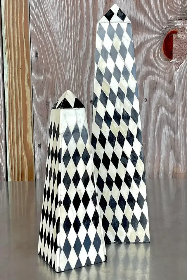 Vintage Boho Harlequin Tessellated Stone Obelisks - Set of Two — additional photo 1