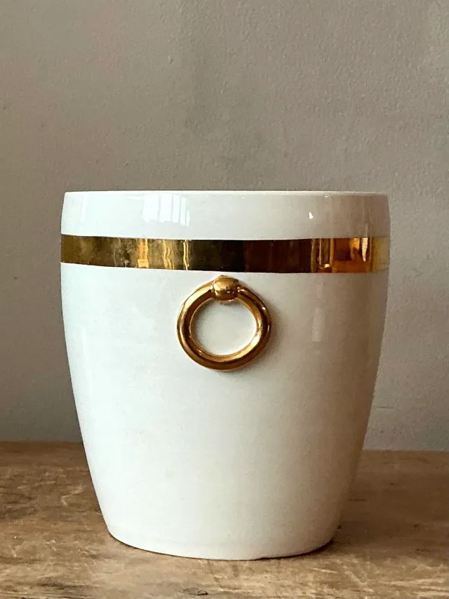 Vintage Boho Italian Glazed Ceramic Gold Rings Cache Pot — additional photo 7