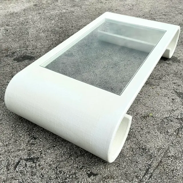 Vintage Boho Linen Wrapped Scroll Coffee Table — additional photo 2