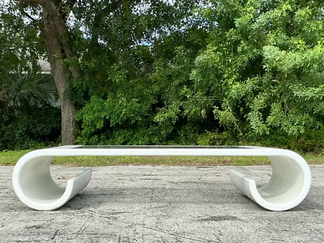 Vintage Boho Linen Wrapped Scroll Coffee Table — additional photo 4