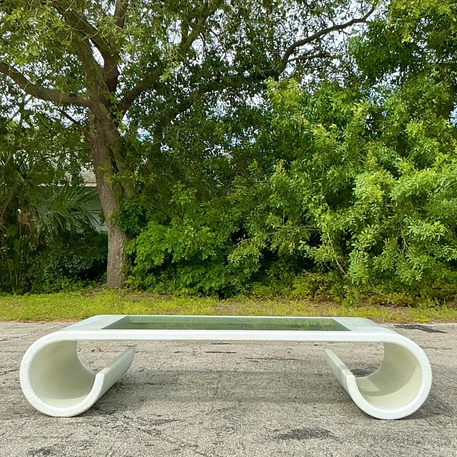 Vintage Boho Linen Wrapped Scroll Coffee Table — additional photo 5