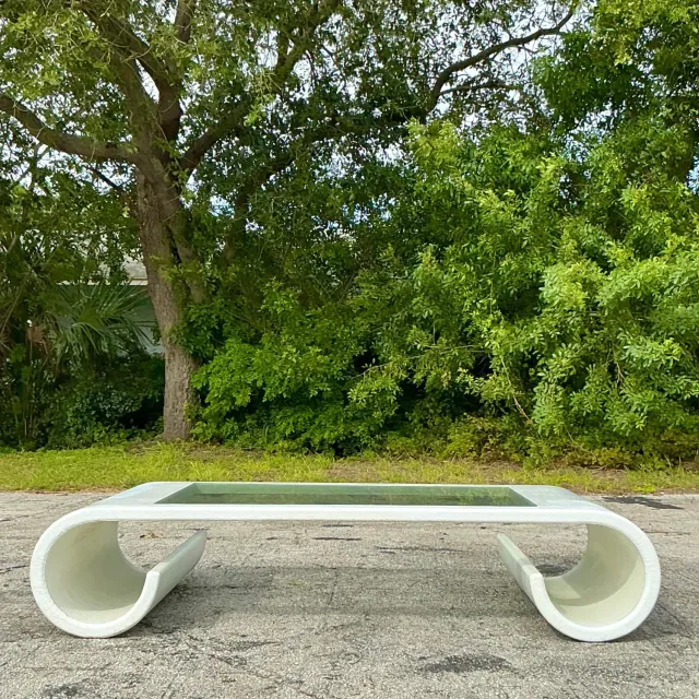 Vintage Boho Linen Wrapped Scroll Coffee Table — additional photo 5