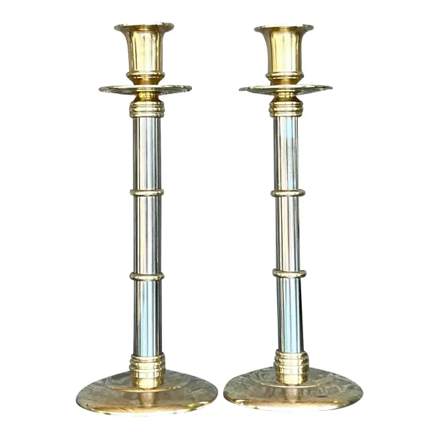 Vintage Boho Maitland-Smith Brass and Chrome Candlesticks- Set of 2 — additional photo 1