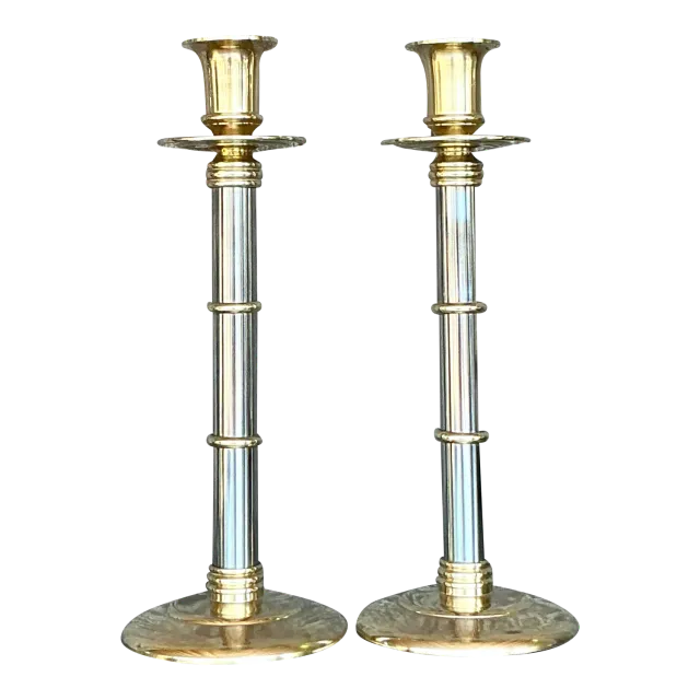 Vintage Boho Maitland-Smith Brass and Chrome Candlesticks- Set of 2 — additional photo 3