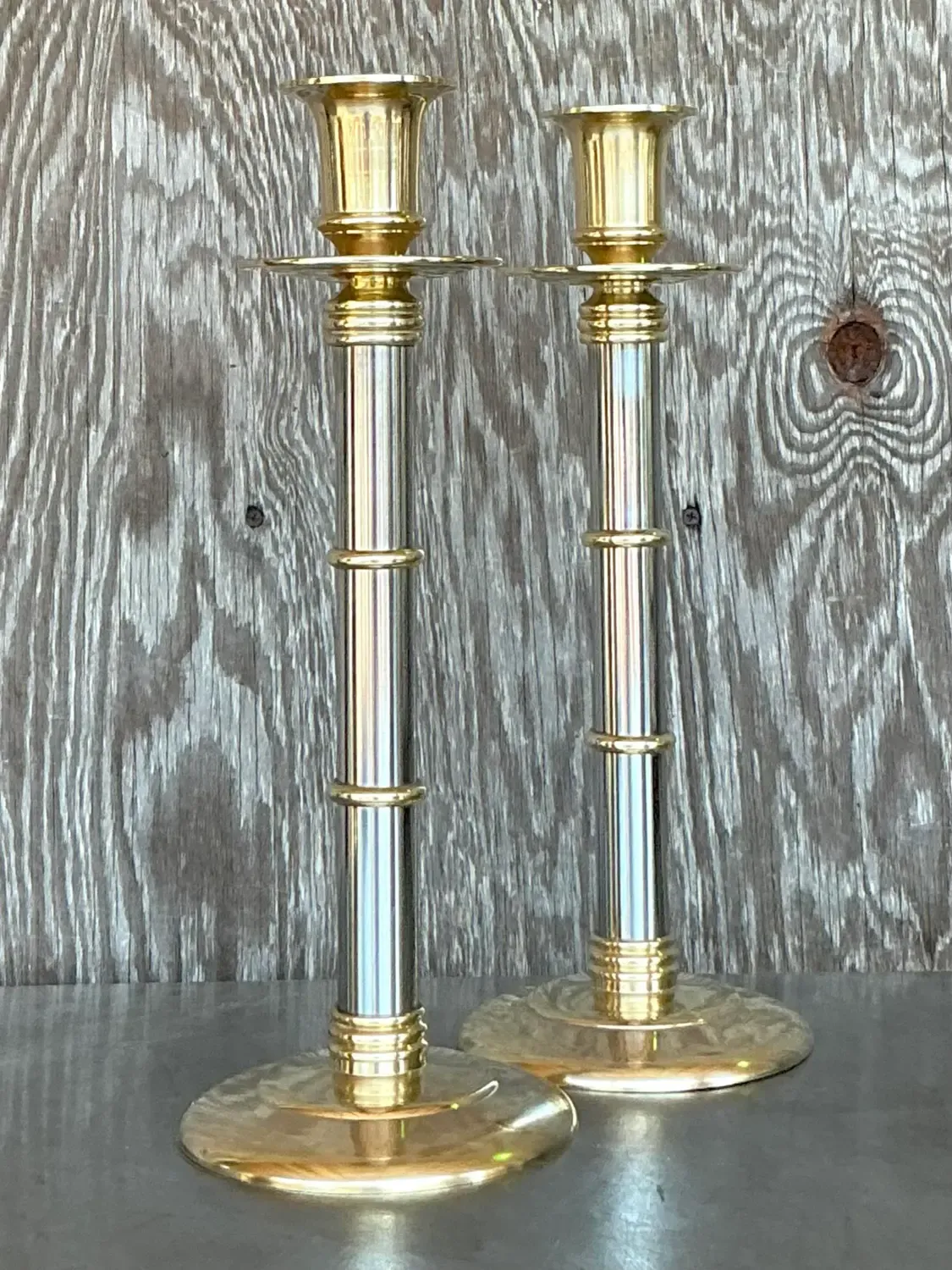 Vintage Boho Maitland-Smith Brass and Chrome Candlesticks- Set of 2 — additional photo 4