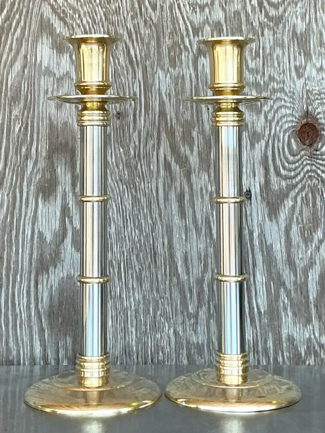 Vintage Boho Maitland-Smith Brass and Chrome Candlesticks- Set of 2 — additional photo 5