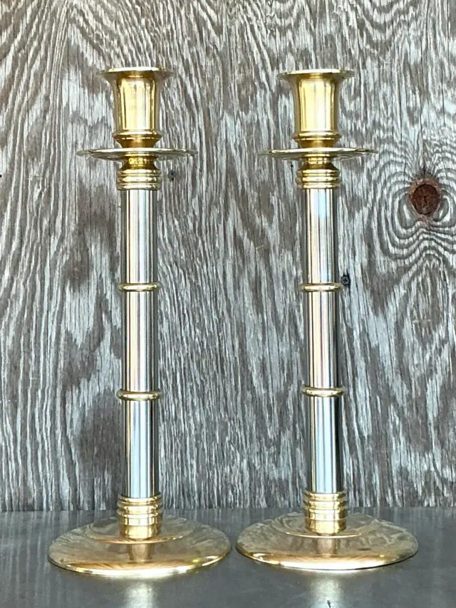 Vintage Boho Maitland-Smith Brass and Chrome Candlesticks- Set of 2 — additional photo 6