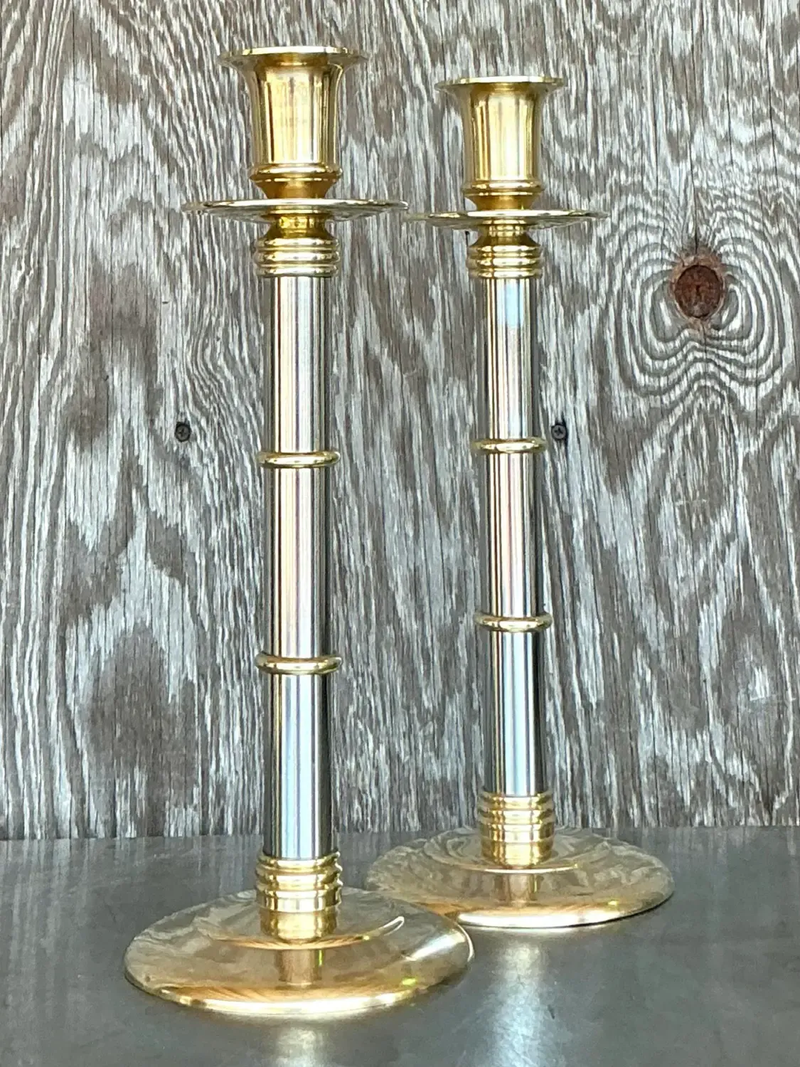 Vintage Boho Maitland-Smith Brass and Chrome Candlesticks- Set of 2 — additional photo 7