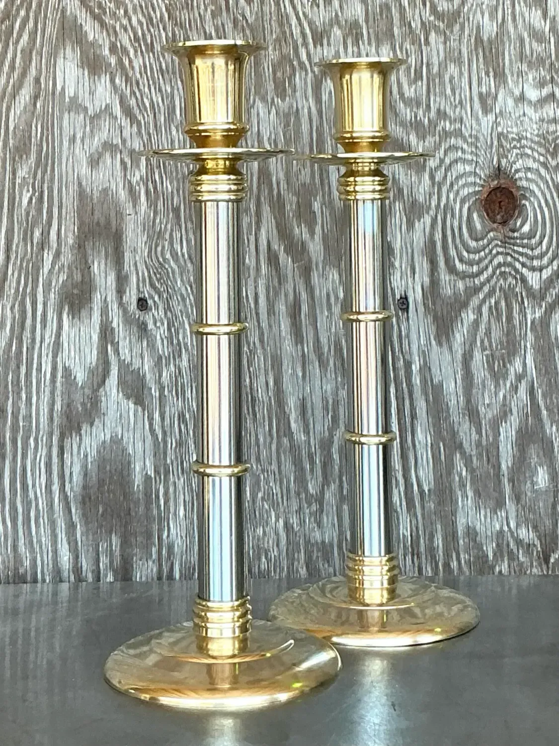 Vintage Boho Maitland-Smith Brass and Chrome Candlesticks- Set of 2 — additional photo 8