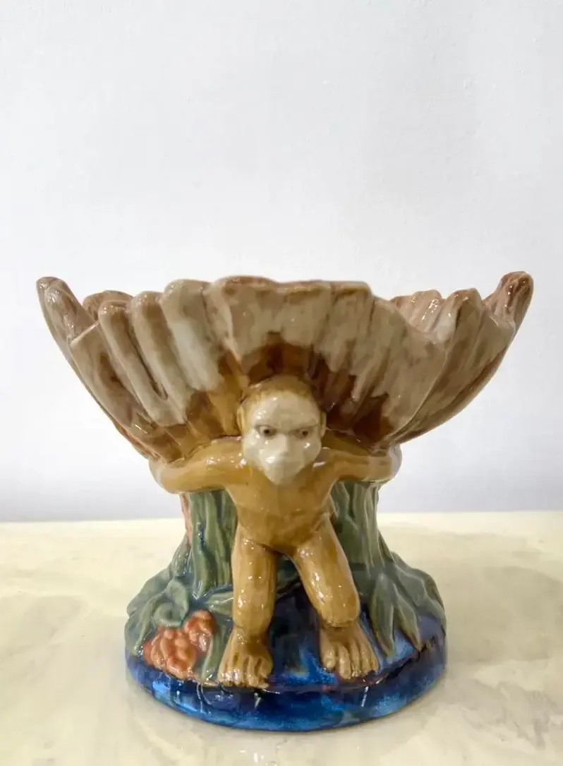 Vintage Boho Majolica Monkey Shell Bowl